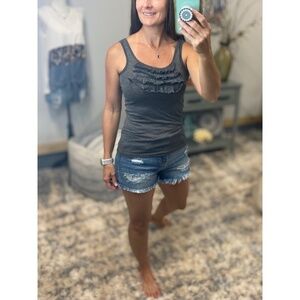 Tiered Ruffle Scoop Neck Bust Low Urban Boho Tank Top Melange Gray 2514